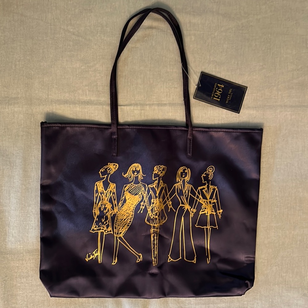 21 Bonaparte 1964 Vicky Tiel Paris Navy Blue Tote with 5 Gold Fashion Sketches